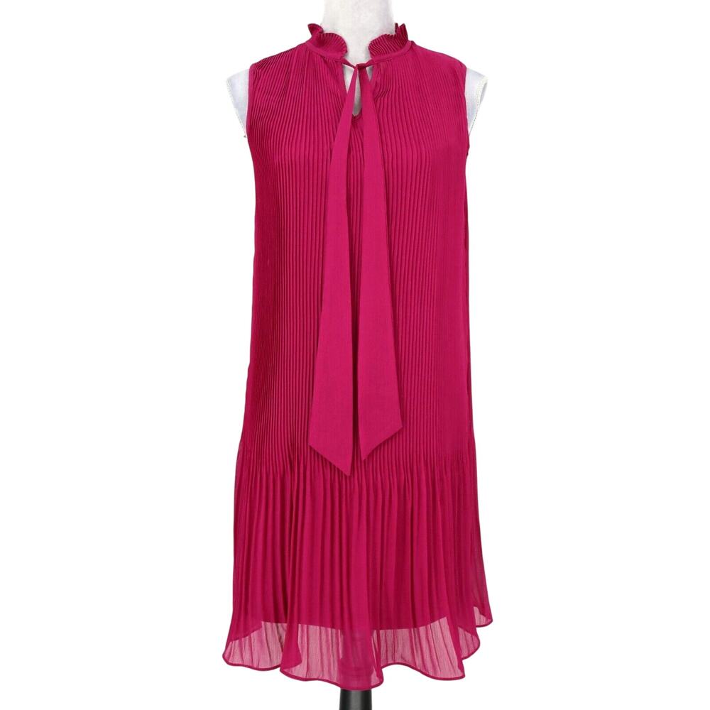 DKNY Dress Womens 2 Pink Chiffon Pleats Sleeveless Tie Ruffle Neck Whimsy Party
